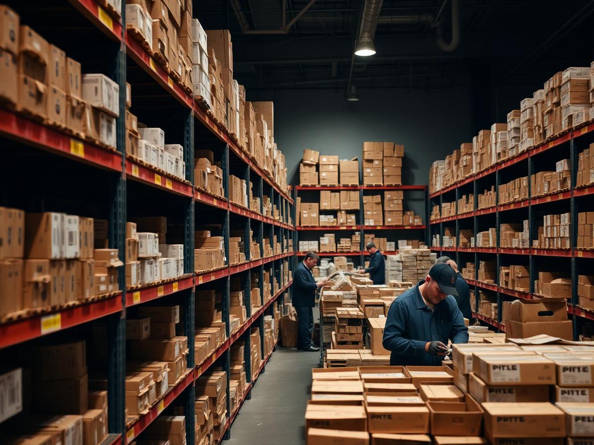 Warehouse shelves stocked with boxed tech accessories ready for bulk orders
